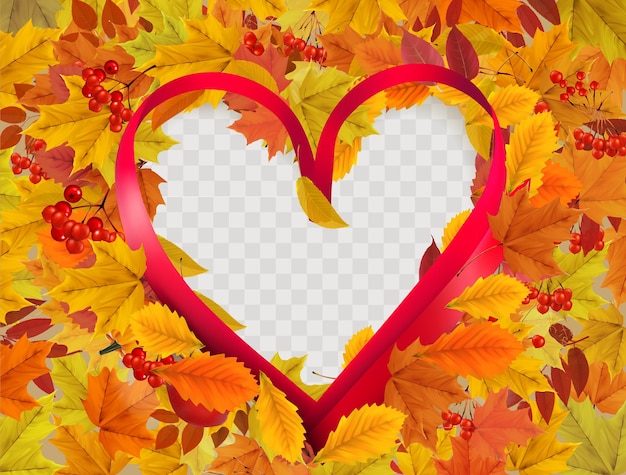 Marco de naturaleza otoñal con coloridas hojas de otoño en forma de corazón sobre un fondo transparente Vector