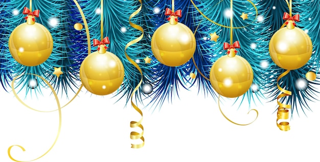 Marco de Navidad con adornos de ramas de abeto, serpentina dorada, regalo de caramelo y vector de confeti aislado sobre fondo blanco