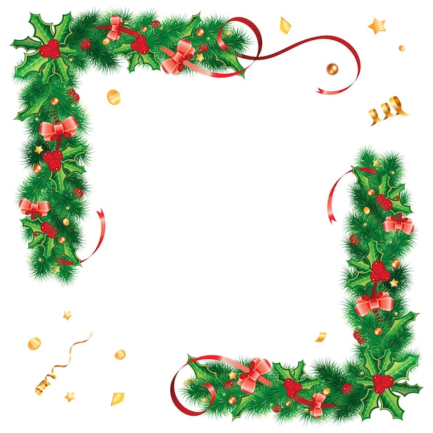 Vector marco de navidad con bayas de acebo, ramas de abeto, muérdago, serpentina y decoración navideña. ilustración de vector aislado sobre fondo transparente