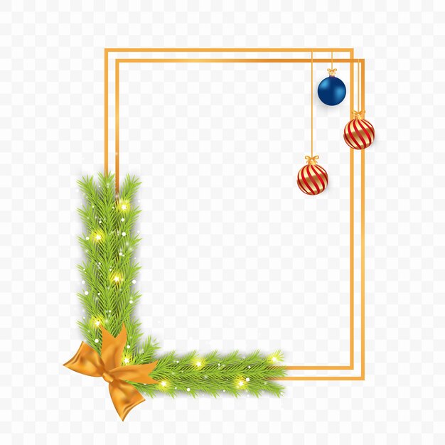 Marco de Navidad con bolas de decoración, hojas de pino, copos de nieve. Marco de Navidad con cinta dorada. Marco de fotos de Navidad con copos de nieve, luces, bola azul, bola dorada, hojas verdes sobre fondo blanco.