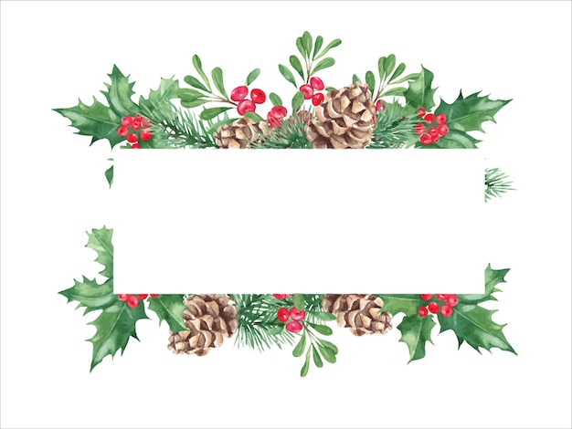 marco de Navidad horizontal con plantas de invierno cono de pino y ramas planta de acebo con bayas rojas