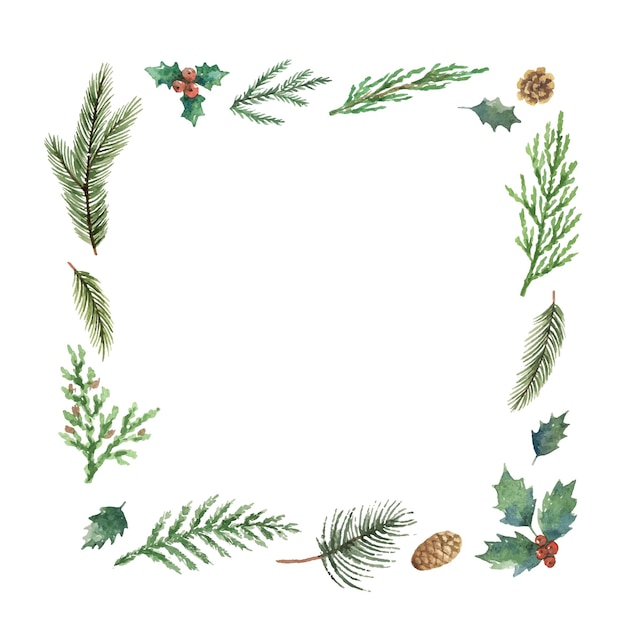 Marco de Navidad vector acuarela con ramas de abeto y lugar para texto