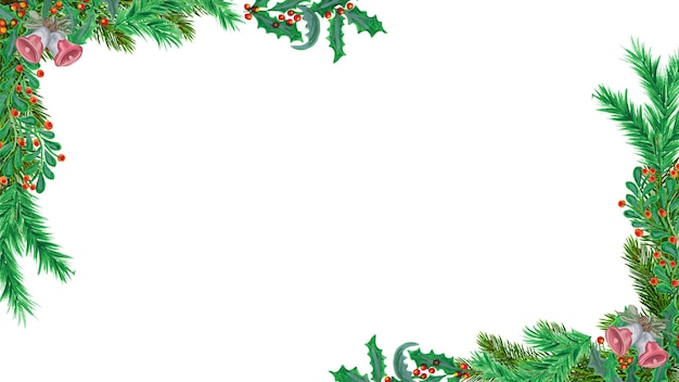 Marco navideño con una corona de plantas sobre un fondo blanco