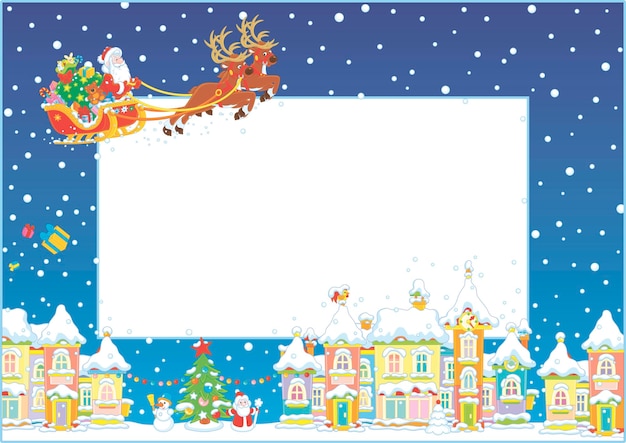 Marco navideño con Papá Noel volando en su trineo con renos mágicos sobre un bonito pueblo nevado