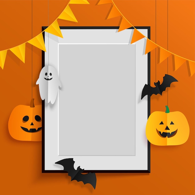 Marco negro con decoración de Halloween en una pared naranja Vector mock up con calabazas fantasma y murciélagos