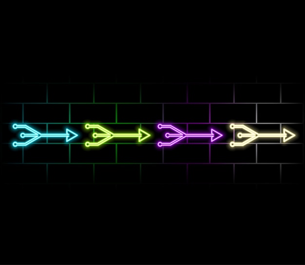 Marco de neón Conjunto de flechas de neón de diferentes colores Líneas brillantes láser en un fondo oscuro Neón