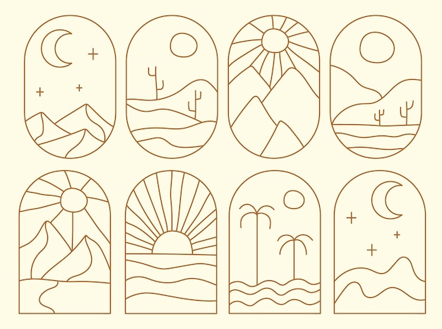 Marco de paisaje boho Logos configurados en estilo minimalista de moda Etiquetas bohemias con montaña del desierto