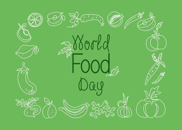 Marco de pancarta con un conjunto de frutas y verduras Día Mundial de la Alimentación Arte de línea La comida es vegetariana orgánica
