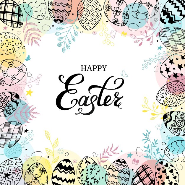 Marco de Pascua con huevos y texto feliz Pascua dibujado a mano