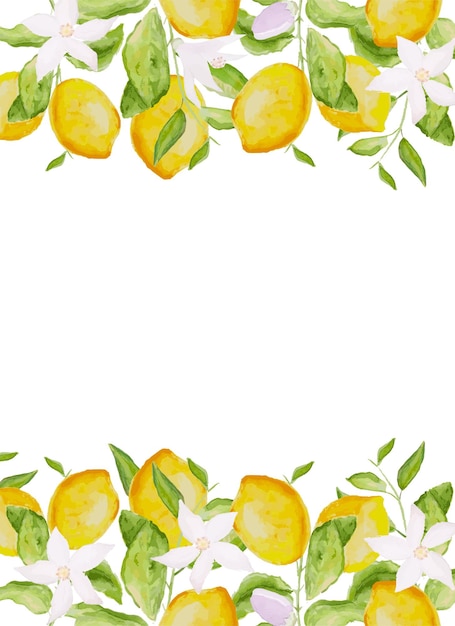 Vector marco de plantilla de tarjeta de acuarela dibujado a mano floreciente limonero ramas flores y limones