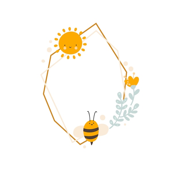 Marco de polígono de niños lindos con abeja y sol con ramo de flores guirnalda de verano. vector de estilo escandinavo de bebé