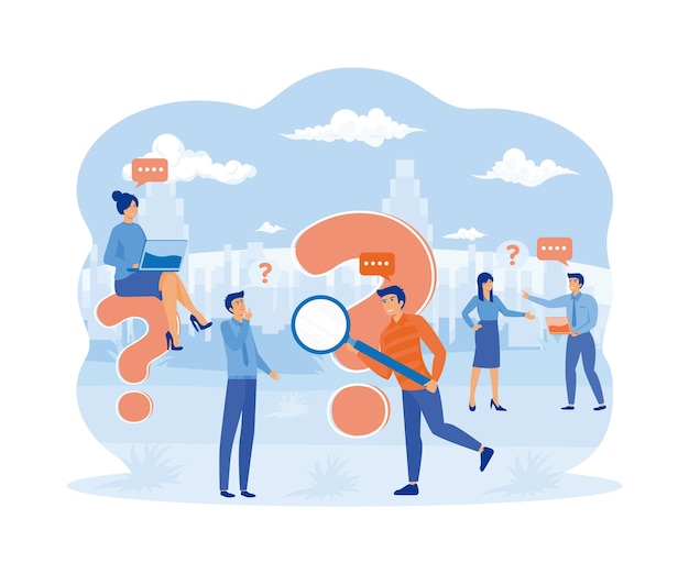 Marco de pregunta La gente de negocios hace preguntas en torno a un gran signo de pregunta para banner web infografías sitio web móvil vector plano ilustración moderna