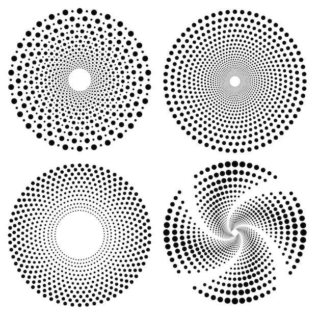 Marco punteado de círculo de semitonos conjunto distribuido circularmente. Elemento de diseño de emblema de logotipo de puntos abstractos.