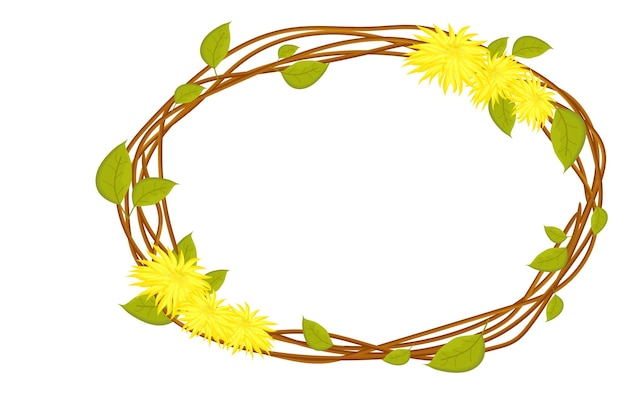 Marco de rama de madera con hojas primavera guirnalda de palos linda decoración en estilo de dibujos animados