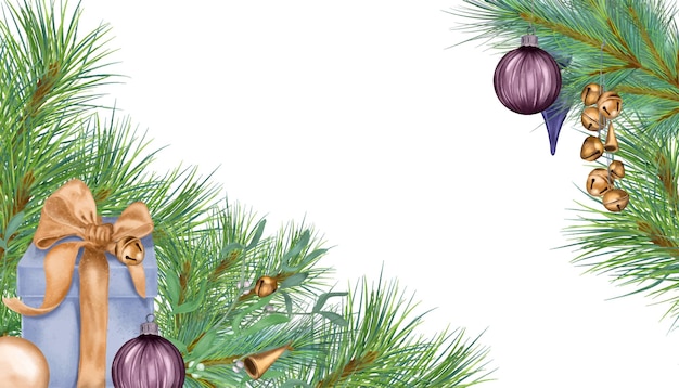 Marco de rama de pino con bolas y campanas de Navidad ilustración digital aislada en caja de regalo de decoración de abeto blanco dibujada a mano Elemento para tarjeta de Navidad año nuevo paquete de vacaciones de banner web