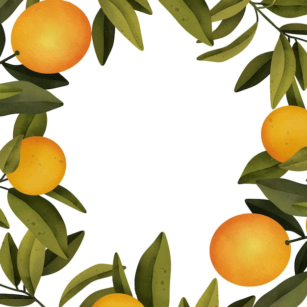 Marco de ramas de naranjo en flor de acuarela dibujada a mano y naranja, ilustración aislada en un