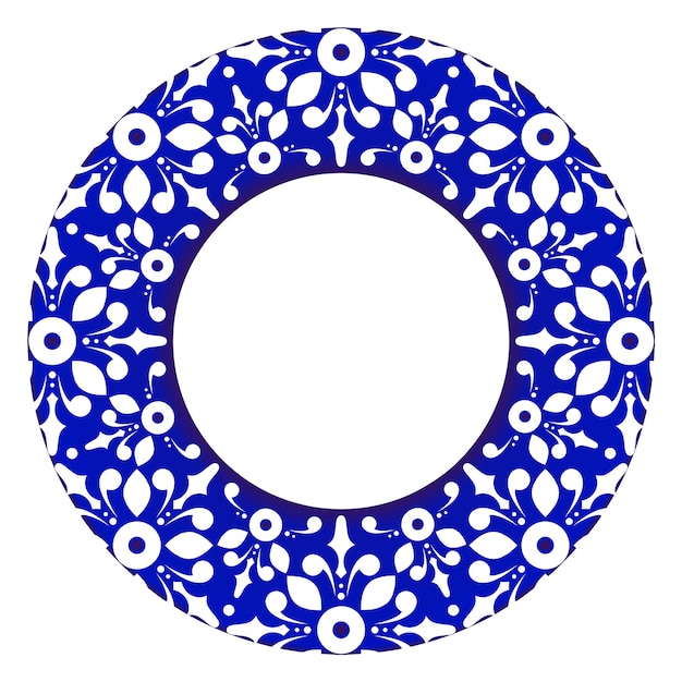 Marco real decorativo ornamento floral circular borde estilo victoriano maceta mandala azul y blanco