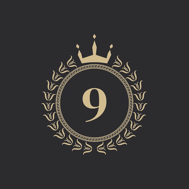 Marco real heráldico número 9 con corona y corona de laurel Emblema clásico simple