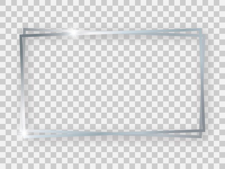 Vector marco rectangular doble plateado brillante de 16x9 con efectos brillantes y sombras sobre fondo transparente. ilustración vectorial