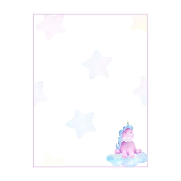 Marco rectangular con estrellas de unicornio y nubes en colores pastel Ilustración acuarela