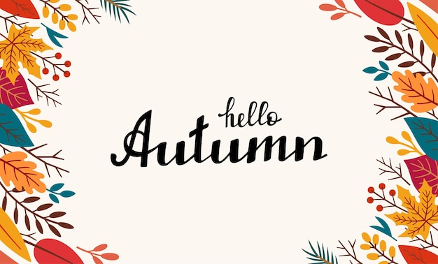 Marco rectangular de otoño con letras HELLO AUTUMN Marco de follaje de otoño en estilo doodle Ilustración de dibujos animados