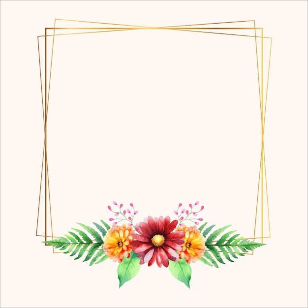Marco de rectángulo dorado vectorial con colorida corona floral acuarela