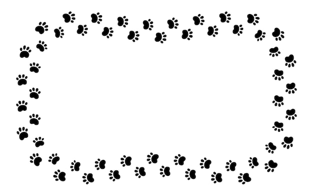 Marco de rectángulo de impresión de pata de perro Marco de huella de gato lindo Borde de rastro de pie de mascota Silueta de paso de perro negro Dibujo de garabato simple Ilustración vectorial aislada sobre fondo blanco