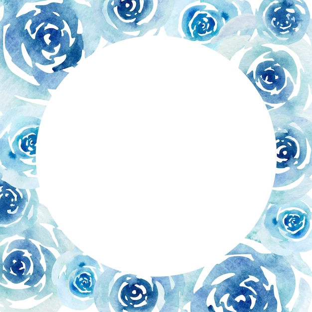 Marco redondo de acuarela dibujada a mano de rosas de acuarela azul sobre un fondo blanco