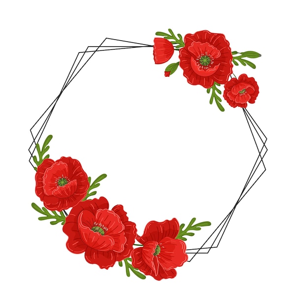 Marco redondo con amapolas rojas aisladas sobre fondo blanco Corona floral Ilustración vectorial
