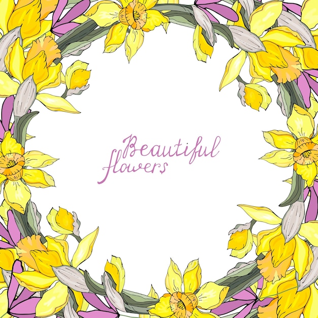 Marco redondo con bonitos narcisos amarillos frase de caligrafía flores de belleza
