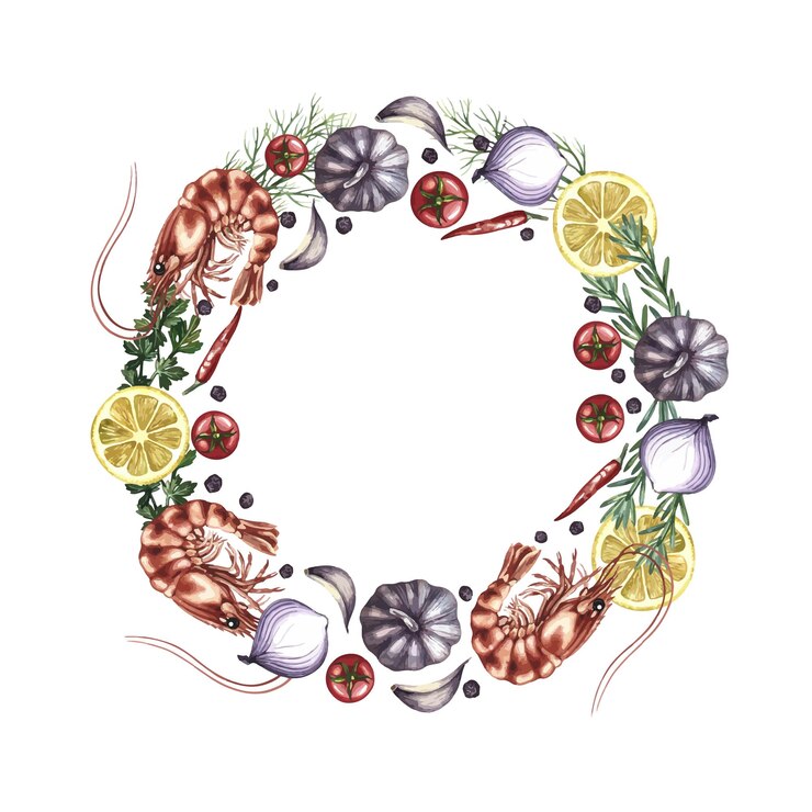 Vector marco redondo con camarones y verduras una ilustración vectorial de acuarela una plantilla de color