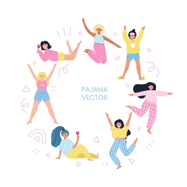 Marco redondo con chicas en pijama. Ilustración de dibujos animados de vector dibujado a mano con espacio para texto. Concepto de fiesta de pijamas para flyer, tarjeta, banner