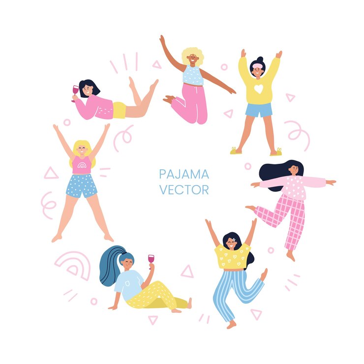 Vector marco redondo con chicas en pijama. ilustración de dibujos animados de vector dibujado a mano con espacio para texto. concepto de fiesta de pijamas para flyer, tarjeta, banner