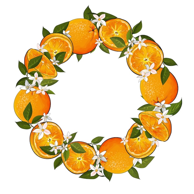 Marco redondo de cítricos naranjas, hojas, flores.