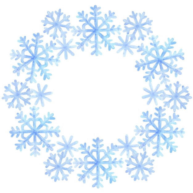 Marco redondo de copos de nieve. Corona de nieve de invierno con dibujos de acuarela azul. Diseño navideño