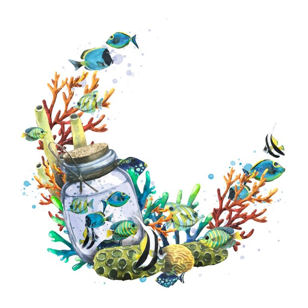 Un marco redondo una corona hecha de una botella de vidrio con brillantes peces tropicales corales esponjas marinas