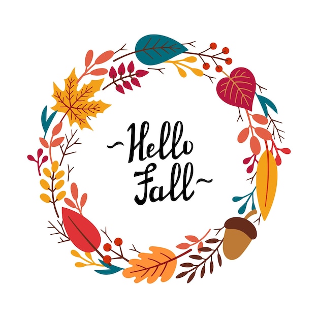 Marco redondo decorativo con elementos otoñales: hojas, ramitas, bayas y letras HOLA OTOÑO. Ilustración vectorial
