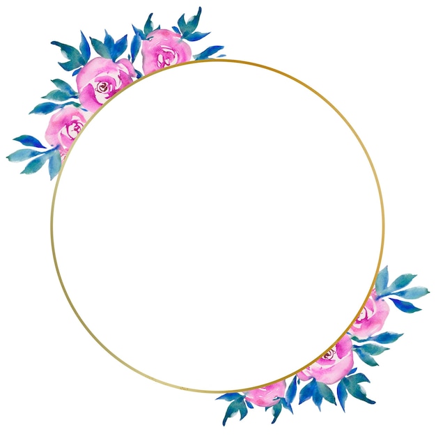 Marco redondo dorado con rosas rosadas diseño floral monograma de boda ilustraciones en acuarela