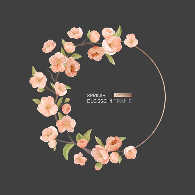 Marco redondo de flor de cerezo, elemento de diseño de borde para invitación de boda, tarjeta de felicitación, pancarta o plantilla de póster. Flores de primavera realistas, hojas y ramas sobre fondo oscuro. Ilustración vectorial