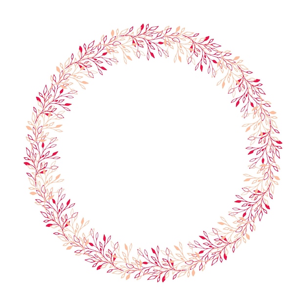 Marco redondo floral dibujado a mano Guirnalda botánica rosa sobre fondo blanco