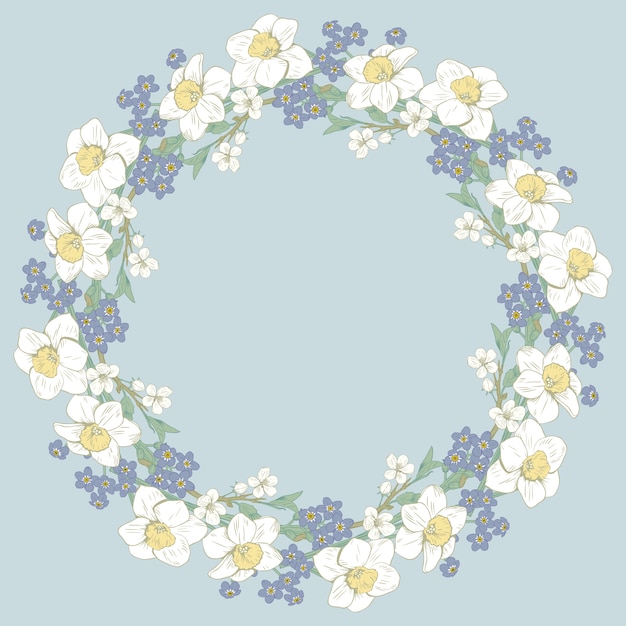 Marco redondo floral en fondo azul. diseño de primavera