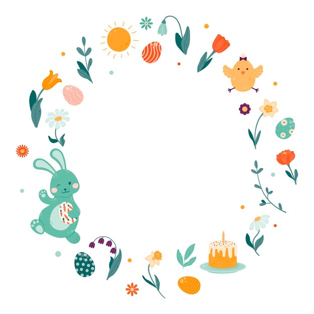 Marco redondo con flores de primavera conejo de Pascua pollo huevos coloridos