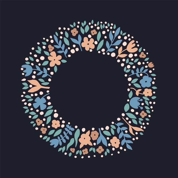 Marco redondo de la guirnalda de la flor con las flores y las hojas dibujadas mano.