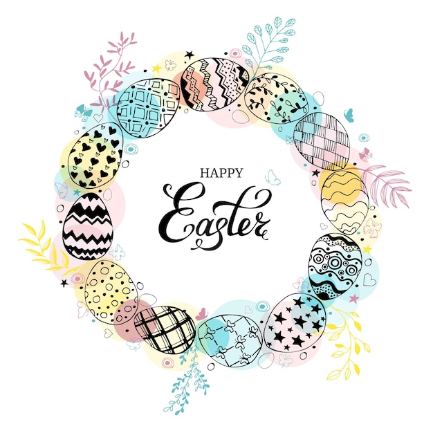 Marco redondo con huevos de Pascua y texto de feliz Pascua dibujado a mano