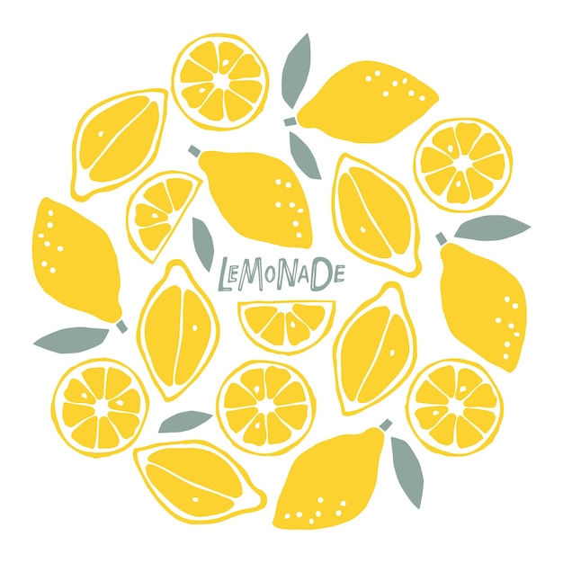 Vector marco redondo de limón para la etiqueta de limonada fruta de limón de color con letras boceto dibujado a mano aislado