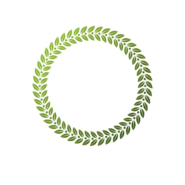Marco redondo de lujo con espacio de copia vacío, forma circular heráldica clásica en blanco creada como diseño primaveral. Etiqueta de estilo retro hecha con hojas ecológicas verdes, tema de conservación del medio ambiente.