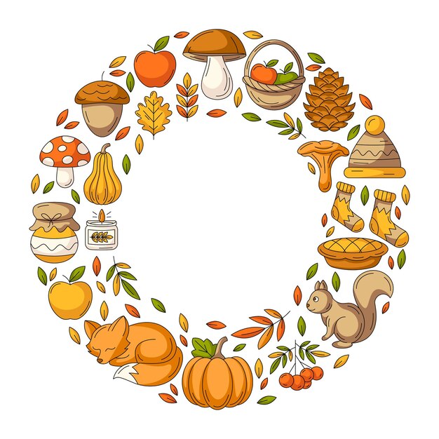 Marco redondo de otoño con espacio para el texto en el medio Elementos de otoño de temporada acogedores ropa de comida