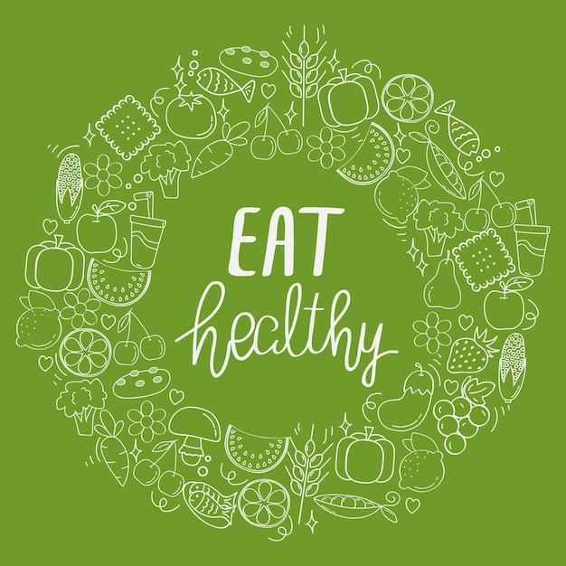 un marco redondo con las palabras comer saludable saludable