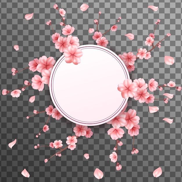 Marco redondo realista de árbol de sakura con flores en un fondo transparente
