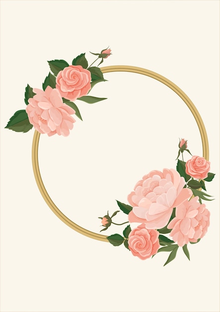Un marco redondo, shabby chic, grandes rosas tiernas y peonías en color . Adecuado para decoración de bodas e invitaciones.